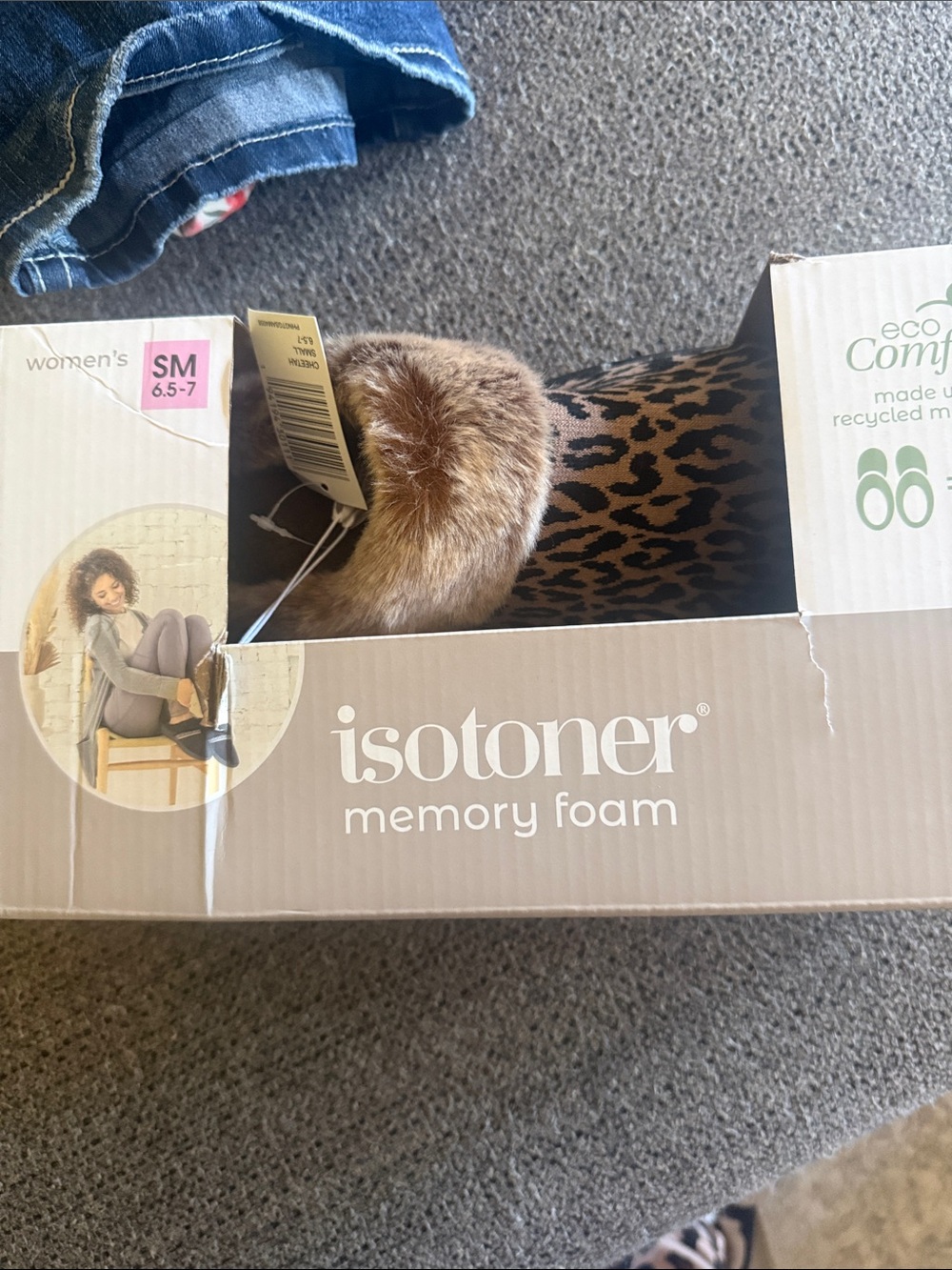 isotoner Leopard Print Memory Foam Slippers with Faux Fur Trim - Brown - Picture 4 of 4